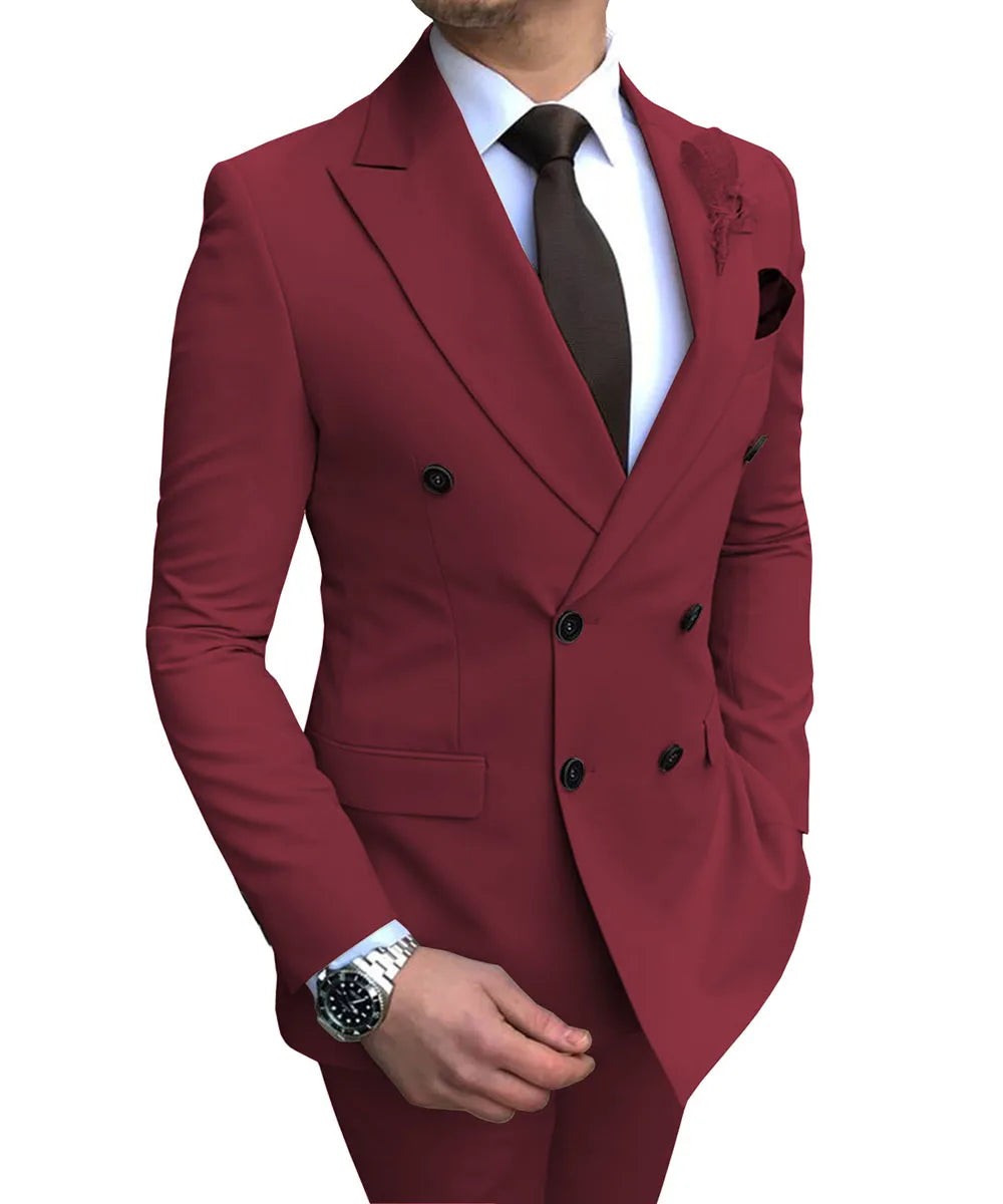 2024 Neuer beigefarbener Herrenanzug, 2-teilig, zweireihig, Reverskragen, flach, schmale Passform, lässiger Smoking für Hochzeit (Blazer + Hose)