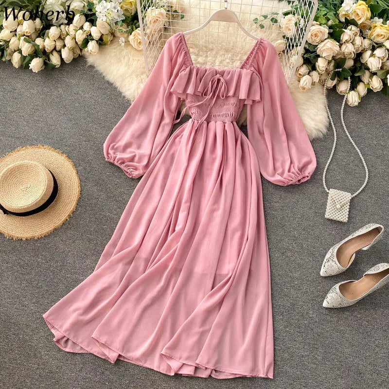 Schickes Elegantes Maxikleid mit Quadratischem Ausschnitt für Damen Einfarbiges Chiffon-Kleid mit Puffärmeln 2026 Strandparty-Kleid Vintage Rüschen-Kleid Y2k