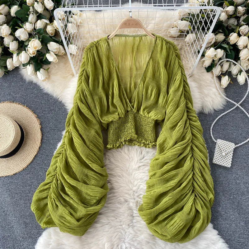 Sommer Sexy Drapierte Chiffon Bluse Für Frauen Elegante V-ausschnitt Puff Langarm Kurze Tops Weibliche Dünne Party Shirts 2022 Neue Mode