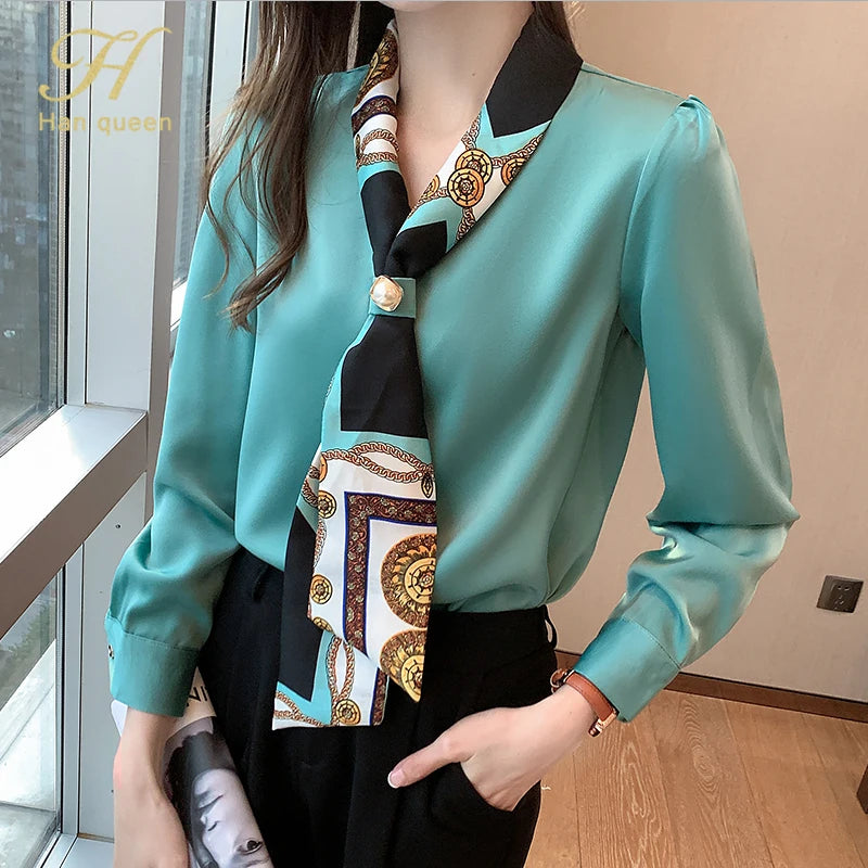 H Han Königin Frühling Chiffon Einfache Büro Dame Bluse Weibliches Hemd Bogen Tops Langarm Casual Koreanische OL Lose Blusen Frauen
