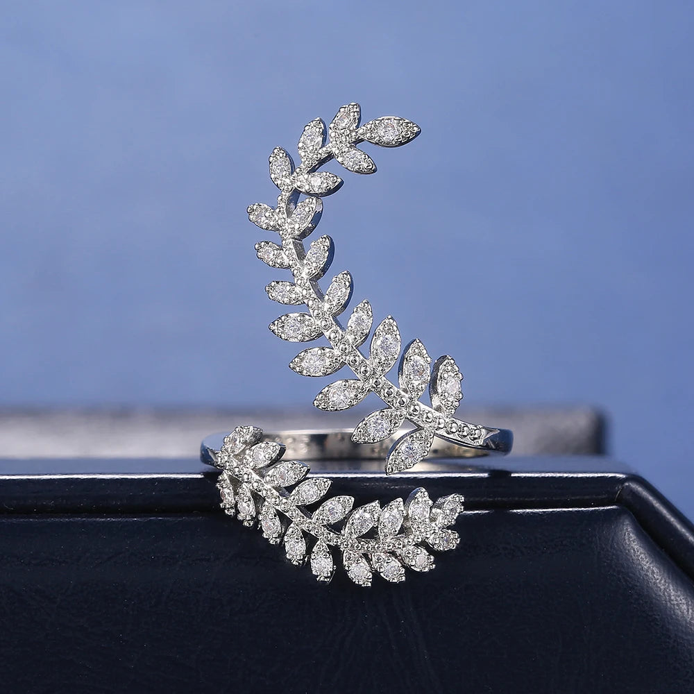 Huitan Graceful Leaves Both End of Open Ring Silver Color Girl Cocktail Party Rings Shine Crystal Zircon Fashion Women Jewelry