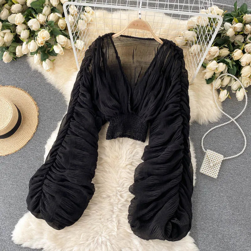 Sommer Sexy Drapierte Chiffon Bluse Für Frauen Elegante V-ausschnitt Puff Langarm Kurze Tops Weibliche Dünne Party Shirts 2022 Neue Mode