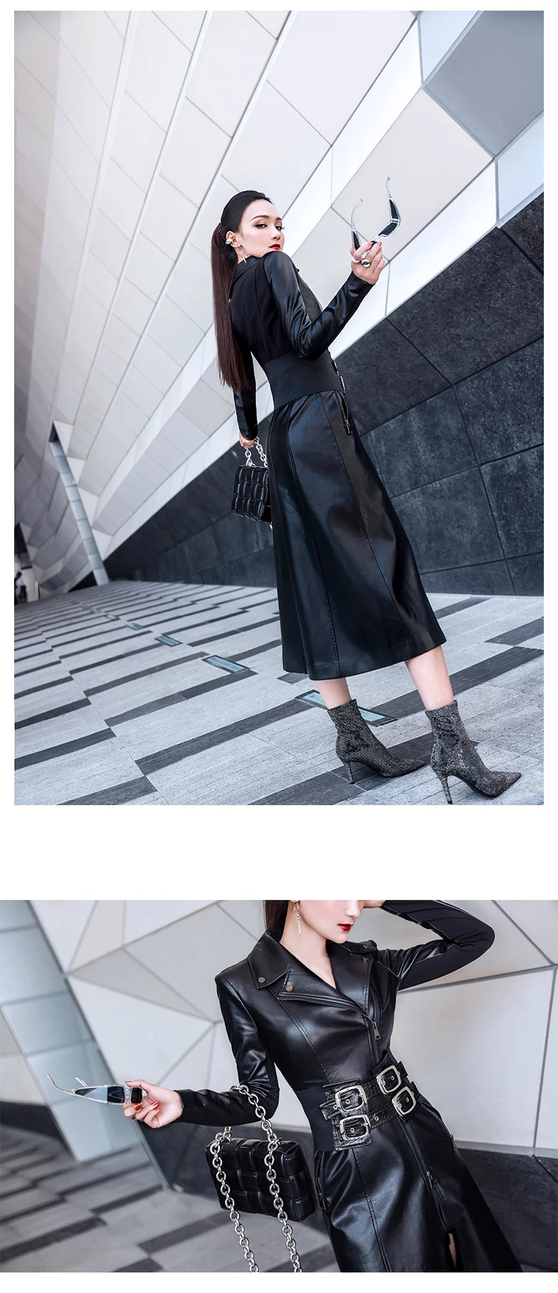 Lautaro Frühling schwarz maxi leder kleid frauen lange sleeve zipper korsett Lange engen kleid Faux Leder kleider für frauen 2022