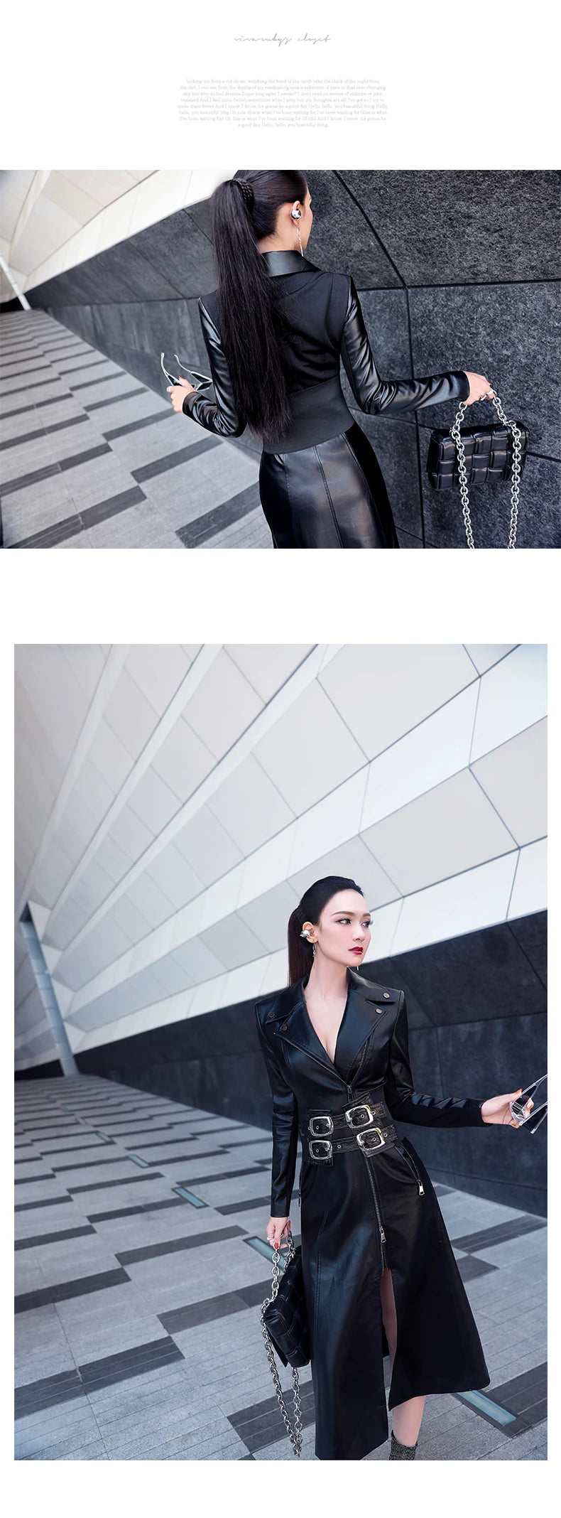 Lautaro Frühling schwarz maxi leder kleid frauen lange sleeve zipper korsett Lange engen kleid Faux Leder kleider für frauen 2022