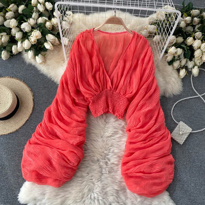 Sommer Sexy Drapierte Chiffon Bluse Für Frauen Elegante V-ausschnitt Puff Langarm Kurze Tops Weibliche Dünne Party Shirts 2022 Neue Mode