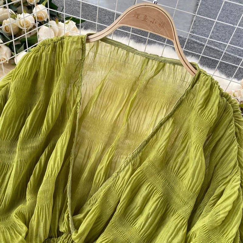 Sommer Sexy Drapierte Chiffon Bluse Für Frauen Elegante V-ausschnitt Puff Langarm Kurze Tops Weibliche Dünne Party Shirts 2022 Neue Mode