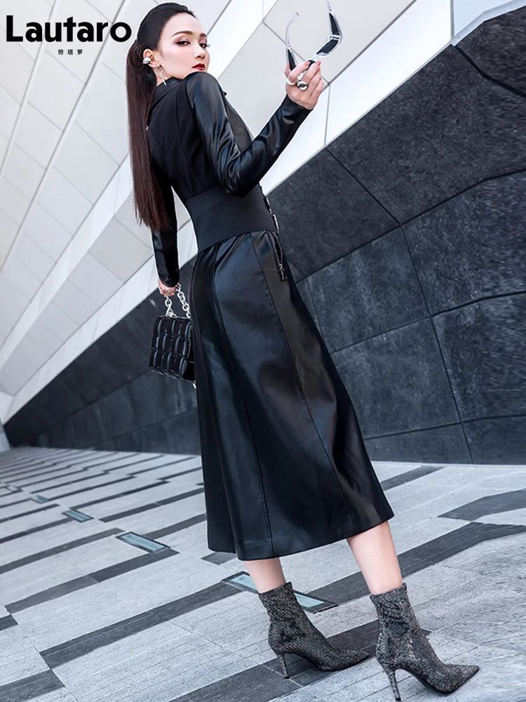Lautaro Frühling schwarz maxi leder kleid frauen lange sleeve zipper korsett Lange engen kleid Faux Leder kleider für frauen 2022