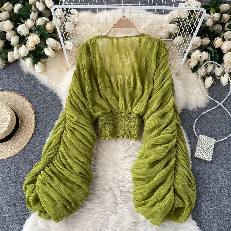 Sommer Sexy Drapierte Chiffon Bluse Für Frauen Elegante V-ausschnitt Puff Langarm Kurze Tops Weibliche Dünne Party Shirts 2022 Neue Mode
