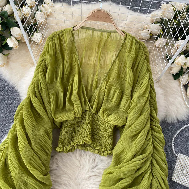Sommer Sexy Drapierte Chiffon Bluse Für Frauen Elegante V-ausschnitt Puff Langarm Kurze Tops Weibliche Dünne Party Shirts 2022 Neue Mode