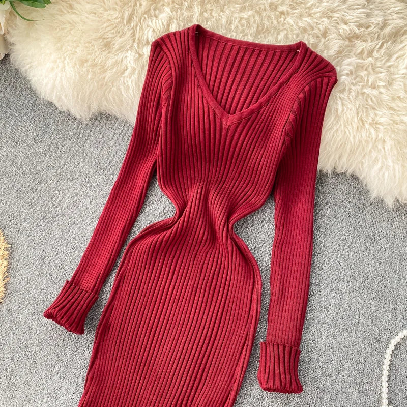 SINGREINY Frauen Herbst Gestrickte Kleid V-ausschnitt Sexy Dünne Elastische Übergroßen Grundlegende Bodycon Pullover Kleid Winter stricken Warme Lange Kleid