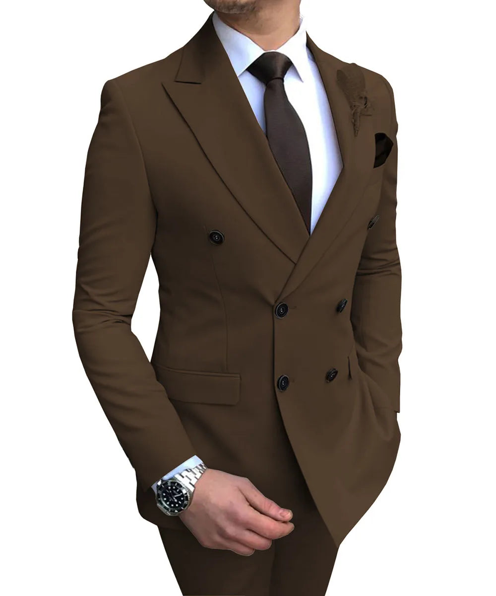 2024 Neuer beigefarbener Herrenanzug, 2-teilig, zweireihig, Reverskragen, flach, schmale Passform, lässiger Smoking für Hochzeit (Blazer + Hose)