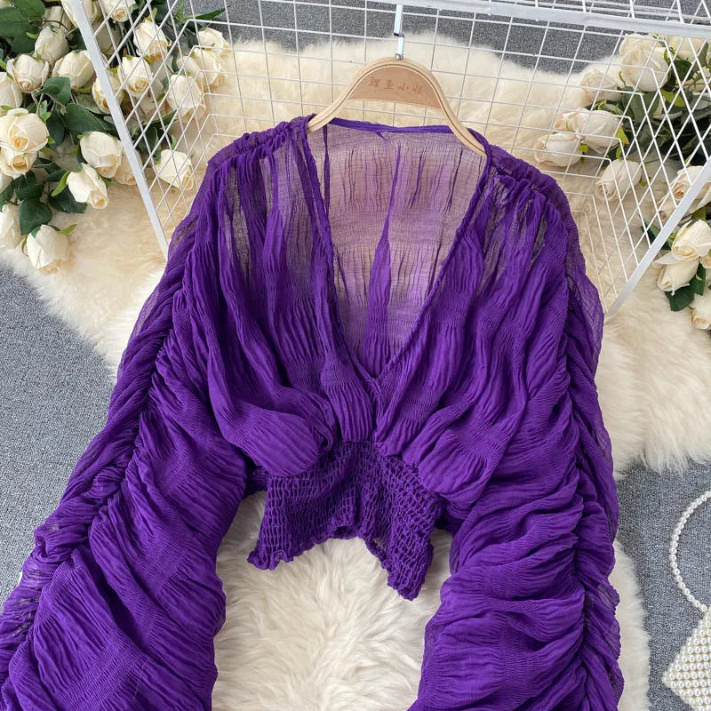 Sommer Sexy Drapierte Chiffon Bluse Für Frauen Elegante V-ausschnitt Puff Langarm Kurze Tops Weibliche Dünne Party Shirts 2022 Neue Mode