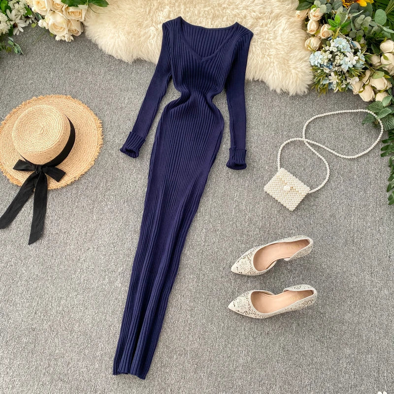 SINGREINY Frauen Herbst Gestrickte Kleid V-ausschnitt Sexy Dünne Elastische Übergroßen Grundlegende Bodycon Pullover Kleid Winter stricken Warme Lange Kleid