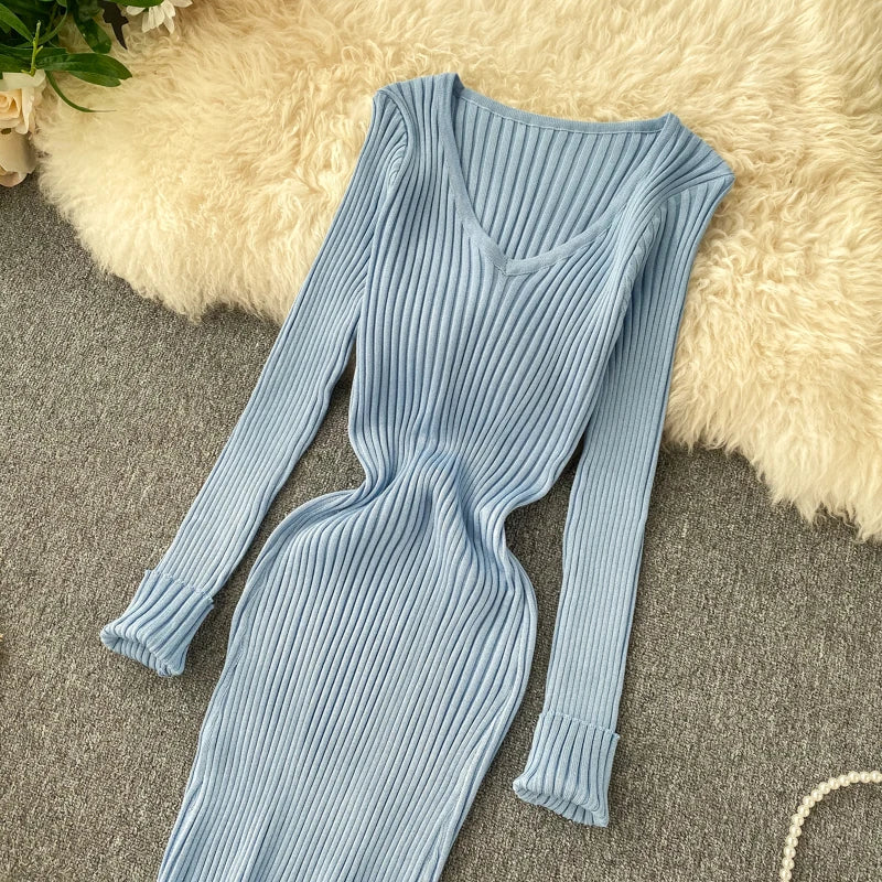SINGREINY Frauen Herbst Gestrickte Kleid V-ausschnitt Sexy Dünne Elastische Übergroßen Grundlegende Bodycon Pullover Kleid Winter stricken Warme Lange Kleid