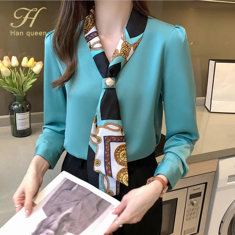 H Han Königin Frühling Chiffon Einfache Büro Dame Bluse Weibliches Hemd Bogen Tops Langarm Casual Koreanische OL Lose Blusen Frauen