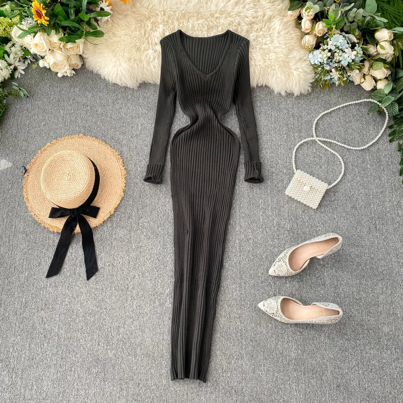 SINGREINY Frauen Herbst Gestrickte Kleid V-ausschnitt Sexy Dünne Elastische Übergroßen Grundlegende Bodycon Pullover Kleid Winter stricken Warme Lange Kleid