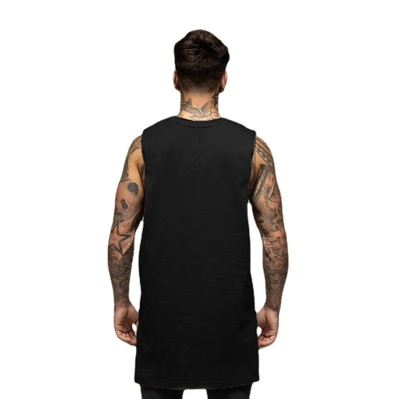 Mens Fashion Tank Top Gym Fitness Workout Cotton Sleeveless T Shirt Summer Casual Clothing Male Extend Long Singlet Hip Hop Vest