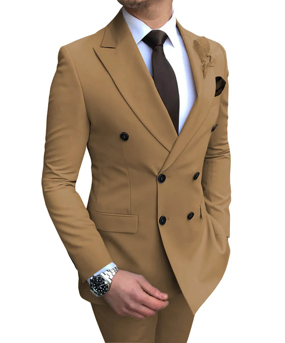 2024 Neuer beigefarbener Herrenanzug, 2-teilig, zweireihig, Reverskragen, flach, schmale Passform, lässiger Smoking für Hochzeit (Blazer + Hose)