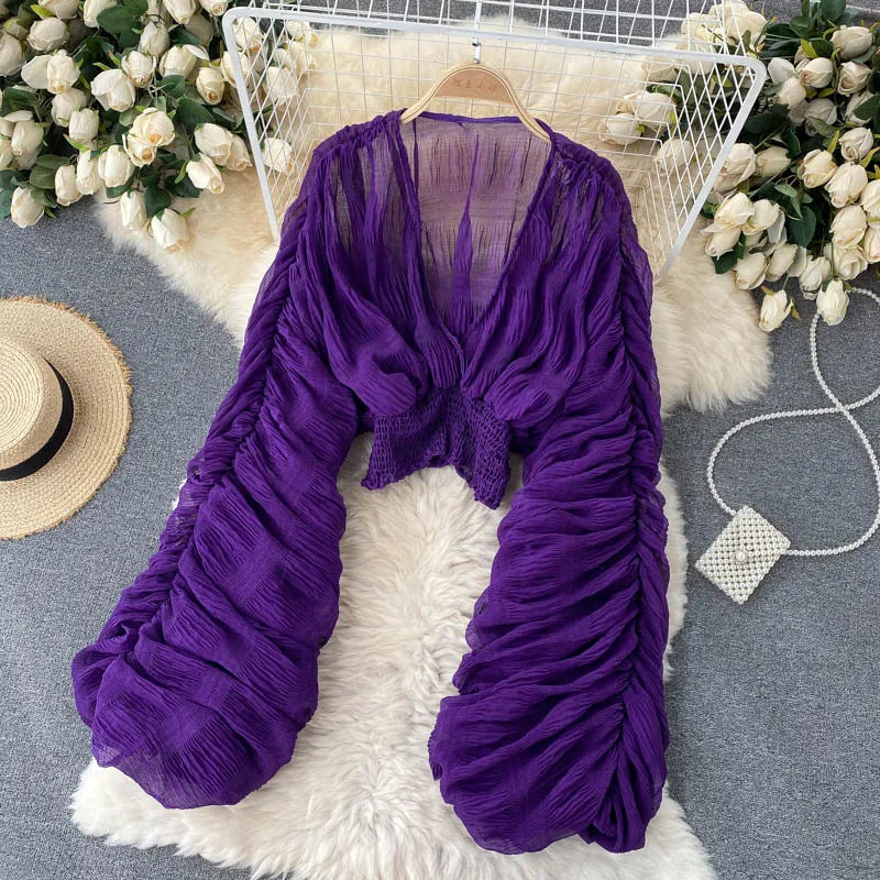 Sommer Sexy Drapierte Chiffon Bluse Für Frauen Elegante V-ausschnitt Puff Langarm Kurze Tops Weibliche Dünne Party Shirts 2022 Neue Mode