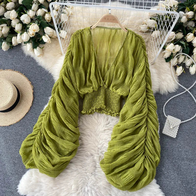 Sommer Sexy Drapierte Chiffon Bluse Für Frauen Elegante V-ausschnitt Puff Langarm Kurze Tops Weibliche Dünne Party Shirts 2022 Neue Mode