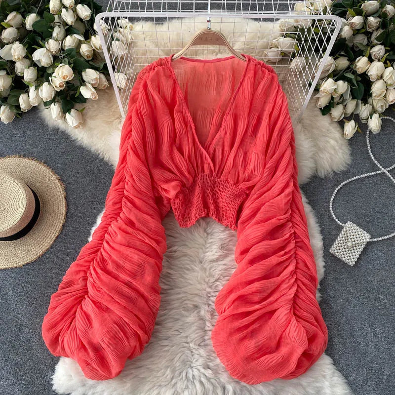 Sommer Sexy Drapierte Chiffon Bluse Für Frauen Elegante V-ausschnitt Puff Langarm Kurze Tops Weibliche Dünne Party Shirts 2022 Neue Mode