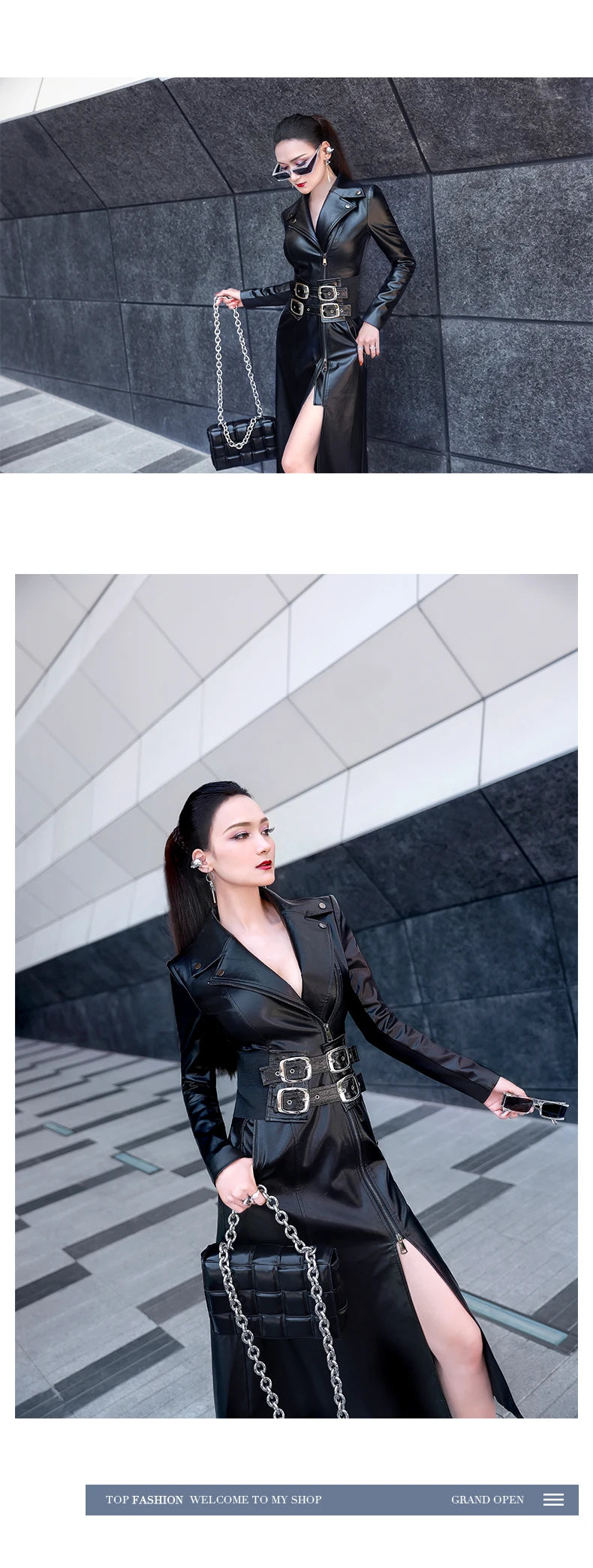 Lautaro Frühling schwarz maxi leder kleid frauen lange sleeve zipper korsett Lange engen kleid Faux Leder kleider für frauen 2022