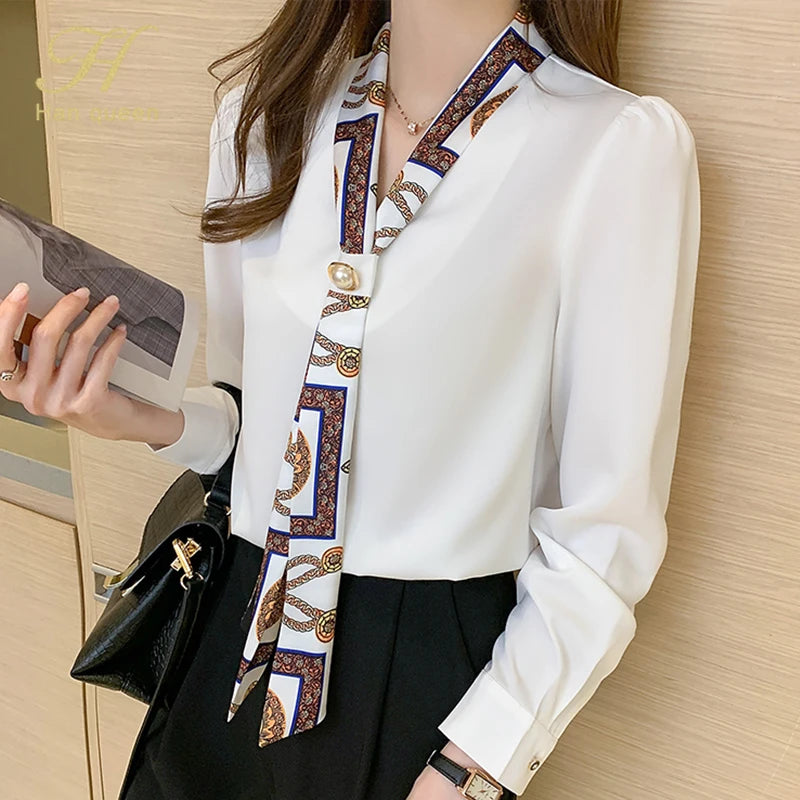 H Han Königin Frühling Chiffon Einfache Büro Dame Bluse Weibliches Hemd Bogen Tops Langarm Casual Koreanische OL Lose Blusen Frauen