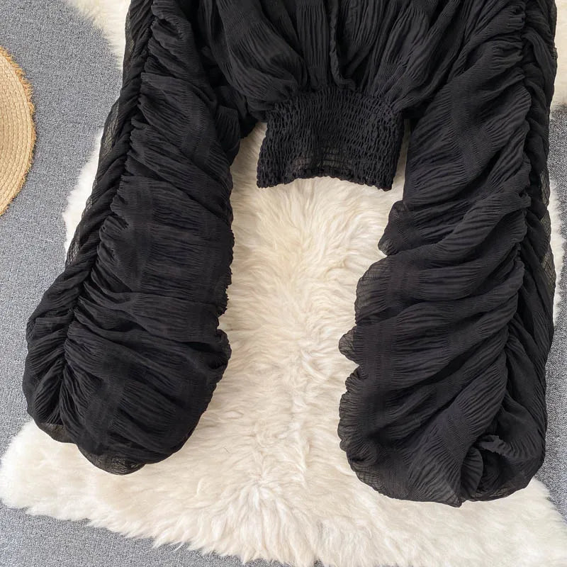 Sommer Sexy Drapierte Chiffon Bluse Für Frauen Elegante V-ausschnitt Puff Langarm Kurze Tops Weibliche Dünne Party Shirts 2022 Neue Mode