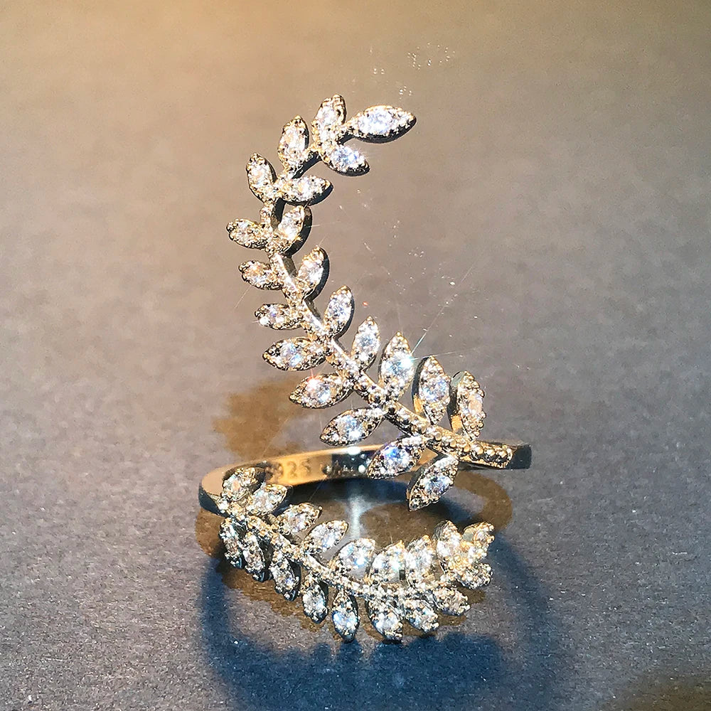Huitan Graceful Leaves Both End of Open Ring Silver Color Girl Cocktail Party Rings Shine Crystal Zircon Fashion Women Jewelry