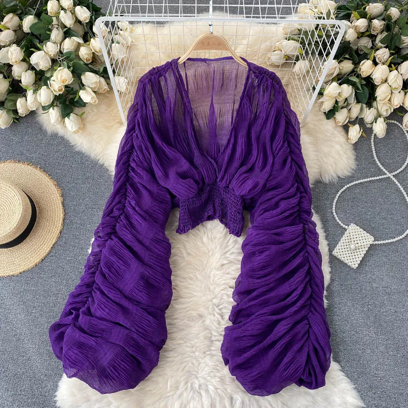 Sommer Sexy Drapierte Chiffon Bluse Für Frauen Elegante V-ausschnitt Puff Langarm Kurze Tops Weibliche Dünne Party Shirts 2022 Neue Mode