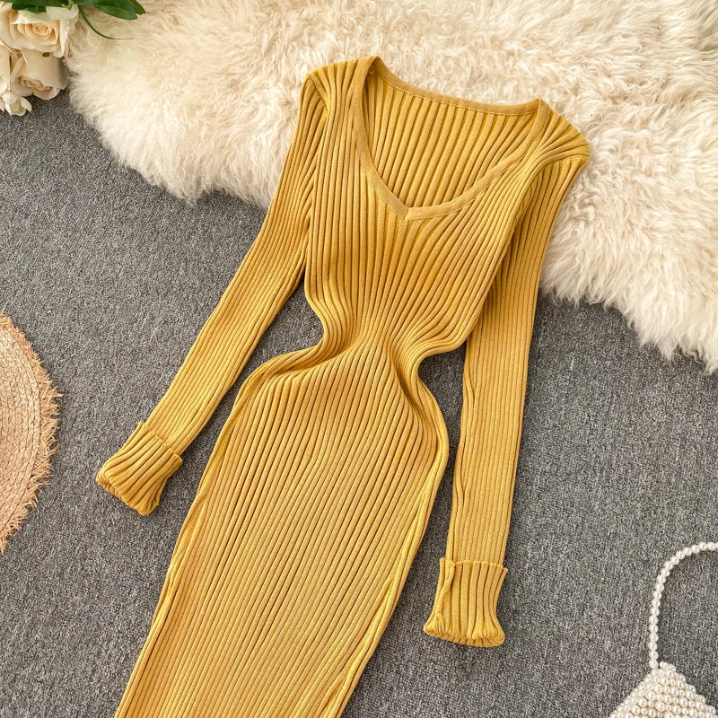 SINGREINY Frauen Herbst Gestrickte Kleid V-ausschnitt Sexy Dünne Elastische Übergroßen Grundlegende Bodycon Pullover Kleid Winter stricken Warme Lange Kleid