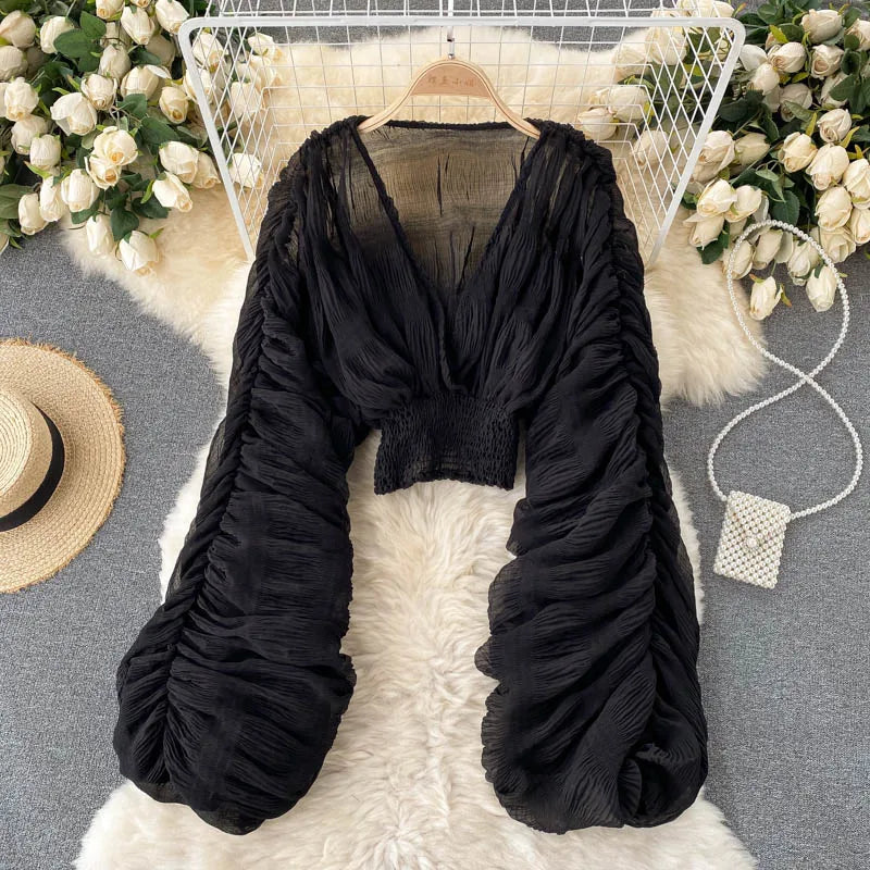 Sommer Sexy Drapierte Chiffon Bluse Für Frauen Elegante V-ausschnitt Puff Langarm Kurze Tops Weibliche Dünne Party Shirts 2022 Neue Mode