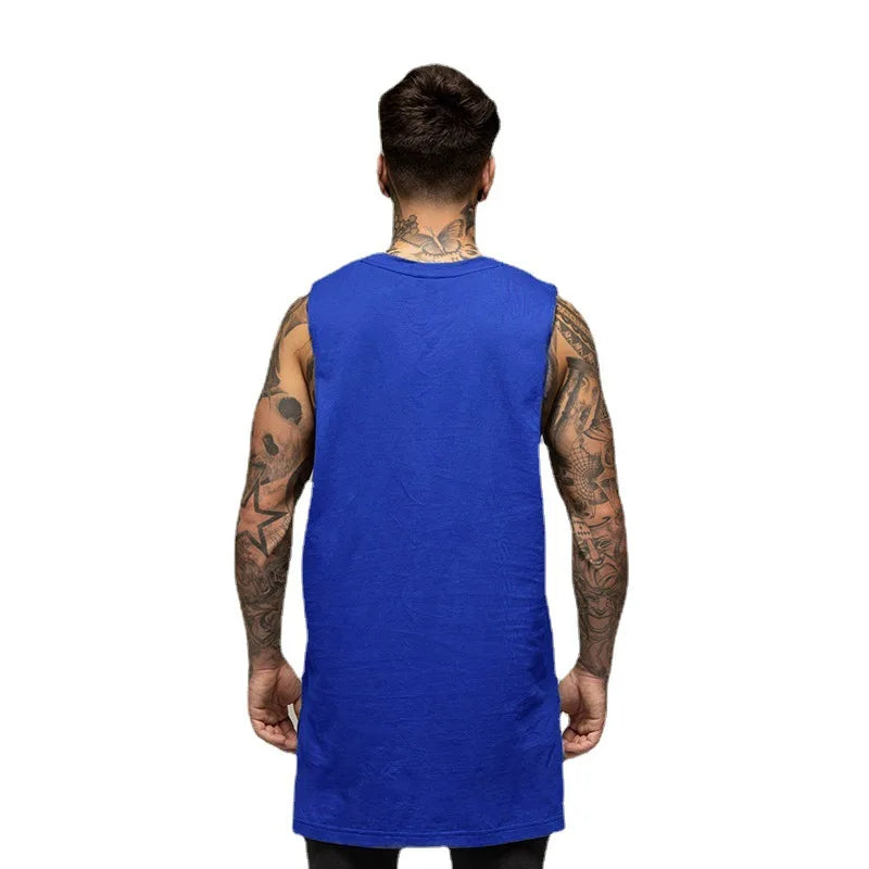 Mens Fashion Tank Top Gym Fitness Workout Cotton Sleeveless T Shirt Summer Casual Clothing Male Extend Long Singlet Hip Hop Vest
