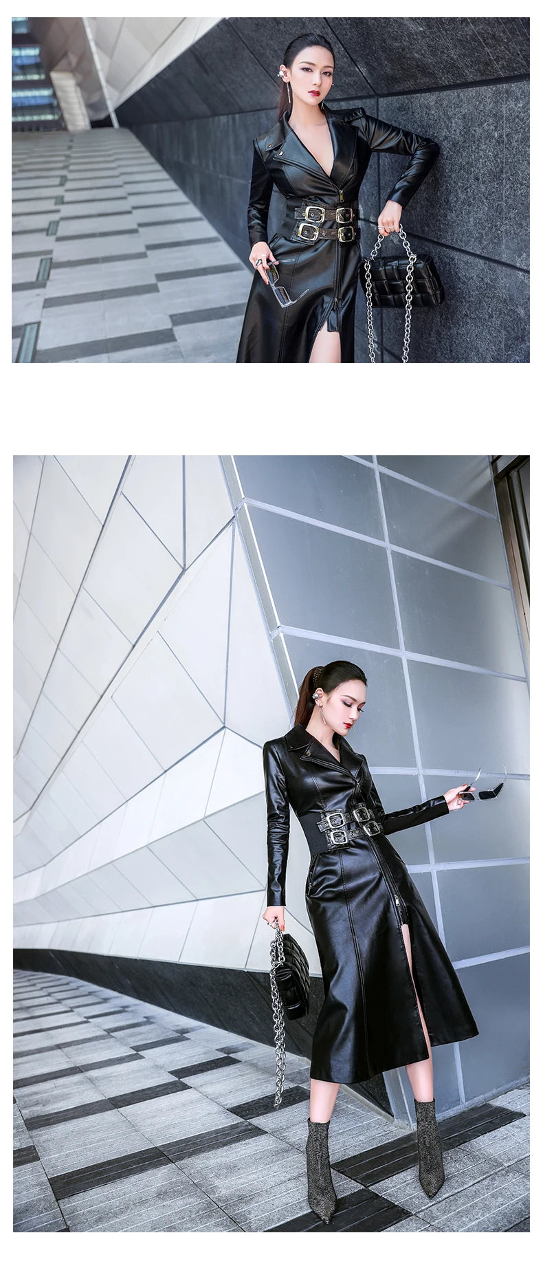 Lautaro Frühling schwarz maxi leder kleid frauen lange sleeve zipper korsett Lange engen kleid Faux Leder kleider für frauen 2022