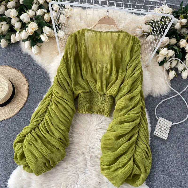 Sommer Sexy Drapierte Chiffon Bluse Für Frauen Elegante V-ausschnitt Puff Langarm Kurze Tops Weibliche Dünne Party Shirts 2022 Neue Mode