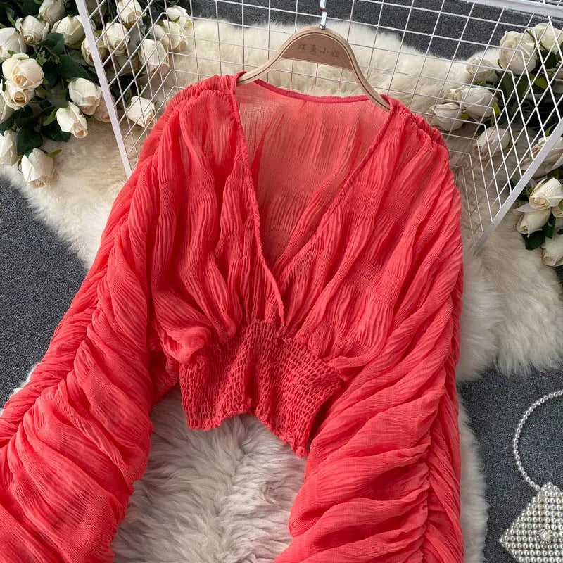 Sommer Sexy Drapierte Chiffon Bluse Für Frauen Elegante V-ausschnitt Puff Langarm Kurze Tops Weibliche Dünne Party Shirts 2022 Neue Mode