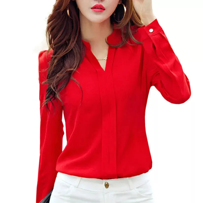 Langarm-shirt Frauen Herbst Kleidung Mode Schlank Chiffon Bluse V-ausschnitt Koreanische Elegante Damen Büro Shirts Weiß Rot DF2324