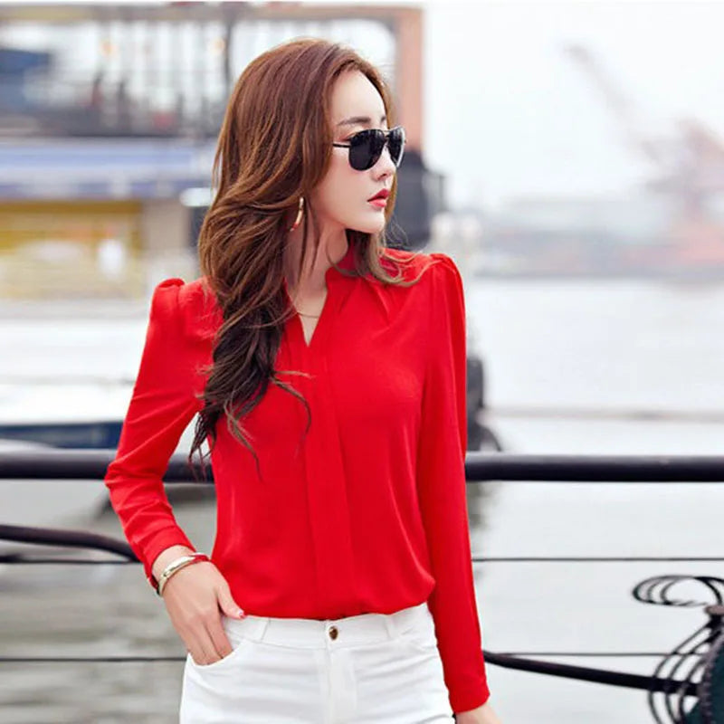 Langarm-shirt Frauen Herbst Kleidung Mode Schlank Chiffon Bluse V-ausschnitt Koreanische Elegante Damen Büro Shirts Weiß Rot DF2324