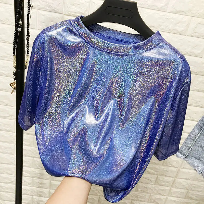 Sommer Frau Tops glänzend lose Kurzarm T-Shirt sexy Club ästhetische Harajuku Frauen stilvolle helle Seide T-Shirt