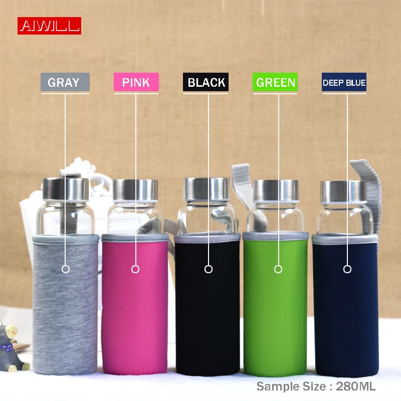 AIWILL Heißer Verkauf Glas Sport Wasser Flasche Mit Schutzhülle Tasche 280 ml/360 ml/550 ml Obst Outdoor fahrrad Flaschen Hohe Qualität