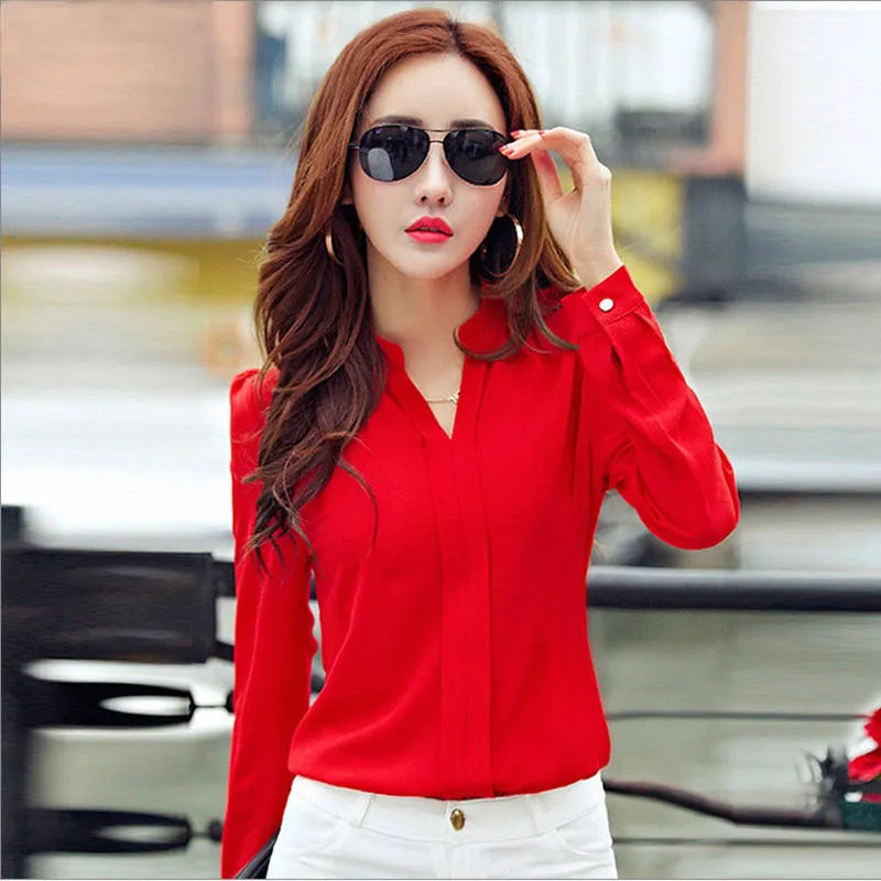 Langarm-shirt Frauen Herbst Kleidung Mode Schlank Chiffon Bluse V-ausschnitt Koreanische Elegante Damen Büro Shirts Weiß Rot DF2324