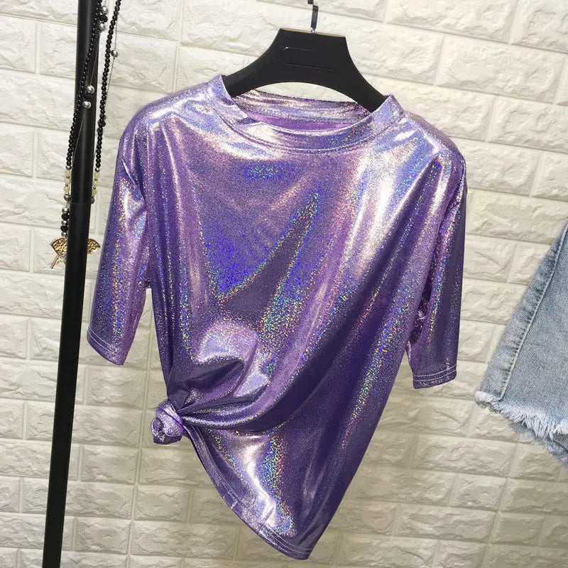 Sommer Frau Tops glänzend lose Kurzarm T-Shirt sexy Club ästhetische Harajuku Frauen stilvolle helle Seide T-Shirt
