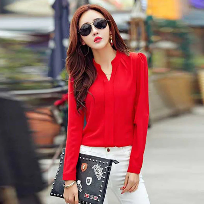 Langarm-shirt Frauen Herbst Kleidung Mode Schlank Chiffon Bluse V-ausschnitt Koreanische Elegante Damen Büro Shirts Weiß Rot DF2324
