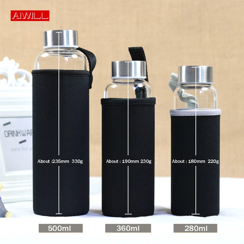 AIWILL Heißer Verkauf Glas Sport Wasser Flasche Mit Schutzhülle Tasche 280 ml/360 ml/550 ml Obst Outdoor fahrrad Flaschen Hohe Qualität