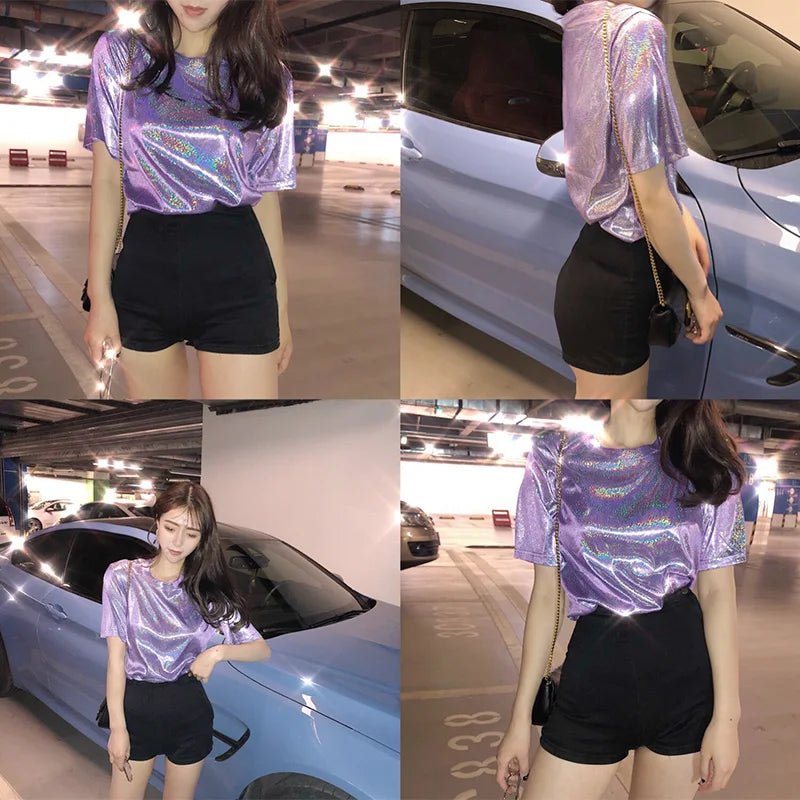 Sommer Frau Tops glänzend lose Kurzarm T-Shirt sexy Club ästhetische Harajuku Frauen stilvolle helle Seide T-Shirt