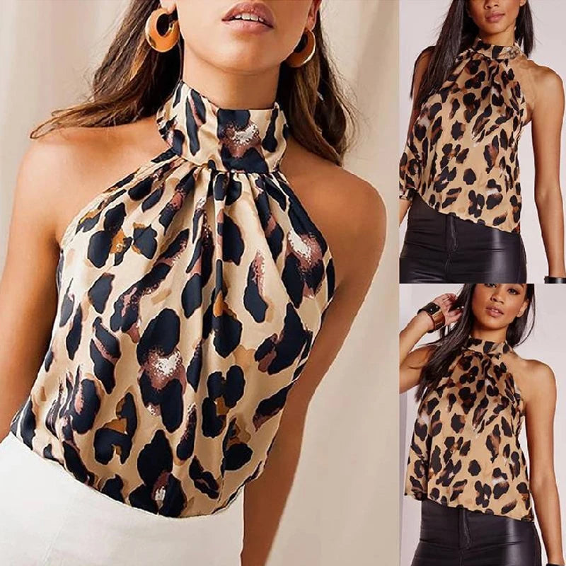 Sommer t-shirt Frauen Tops 2025, Sexy Leopard Print Tops Harajuku Mädchen T-Shirts Casual Halter T Shirt Weibliche Ärmellose Bluse