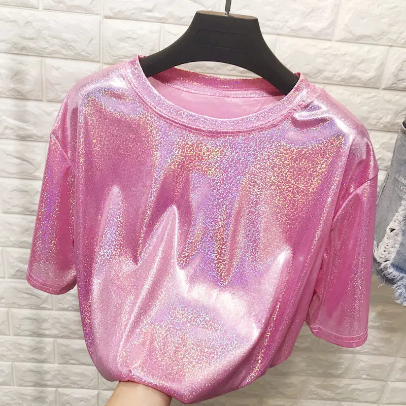 Sommer Frau Tops glänzend lose Kurzarm T-Shirt sexy Club ästhetische Harajuku Frauen stilvolle helle Seide T-Shirt