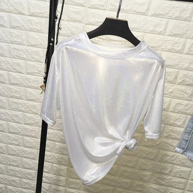 Sommer Frau Tops glänzend lose Kurzarm T-Shirt sexy Club ästhetische Harajuku Frauen stilvolle helle Seide T-Shirt