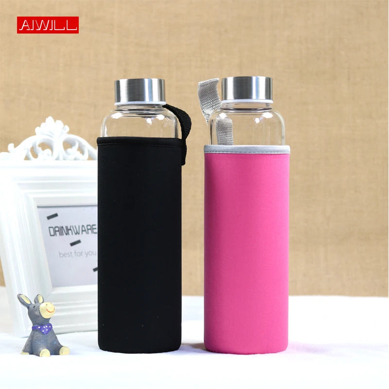AIWILL Heißer Verkauf Glas Sport Wasser Flasche Mit Schutzhülle Tasche 280 ml/360 ml/550 ml Obst Outdoor fahrrad Flaschen Hohe Qualität