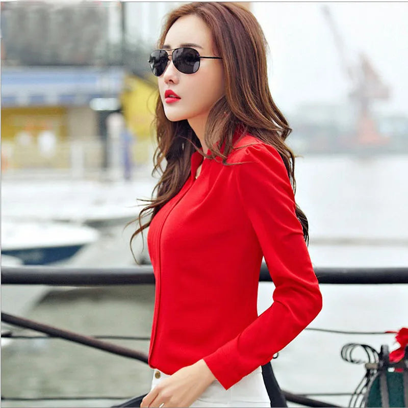 Langarm-shirt Frauen Herbst Kleidung Mode Schlank Chiffon Bluse V-ausschnitt Koreanische Elegante Damen Büro Shirts Weiß Rot DF2324